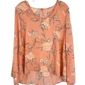 LUSH Peach Floral Semi Sheer Criss Cross V-Neck Long Sleeve Pullover Blouse S